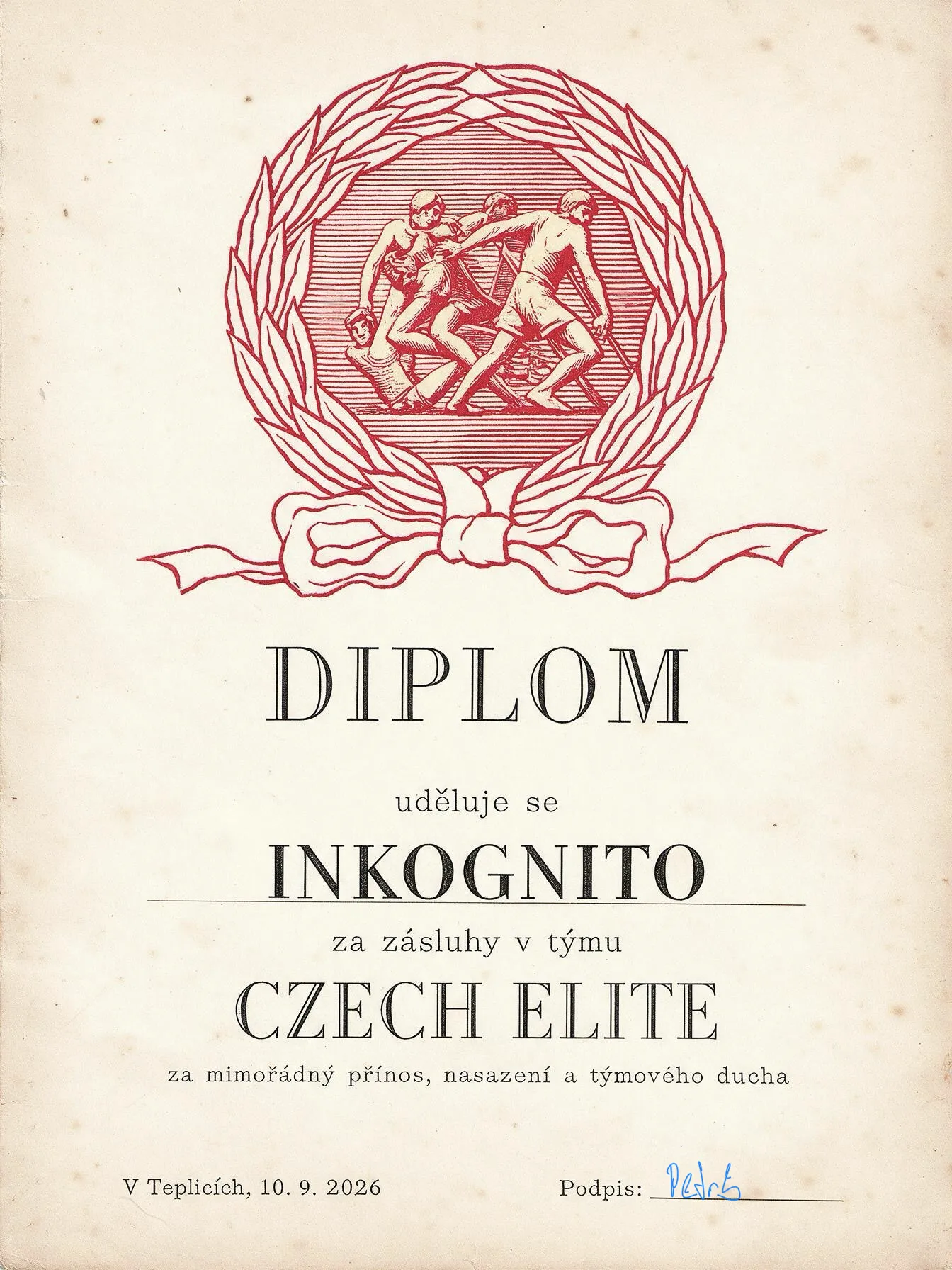 Diplom pro Inkognito za zásluhy v týmu CZECH ELITE